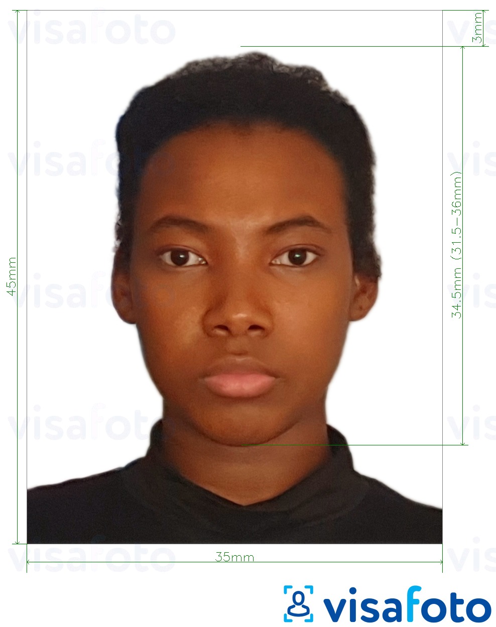 Example of photo for Benin visa 3.5x4.5 cm (35x45 mm) with exact size specification