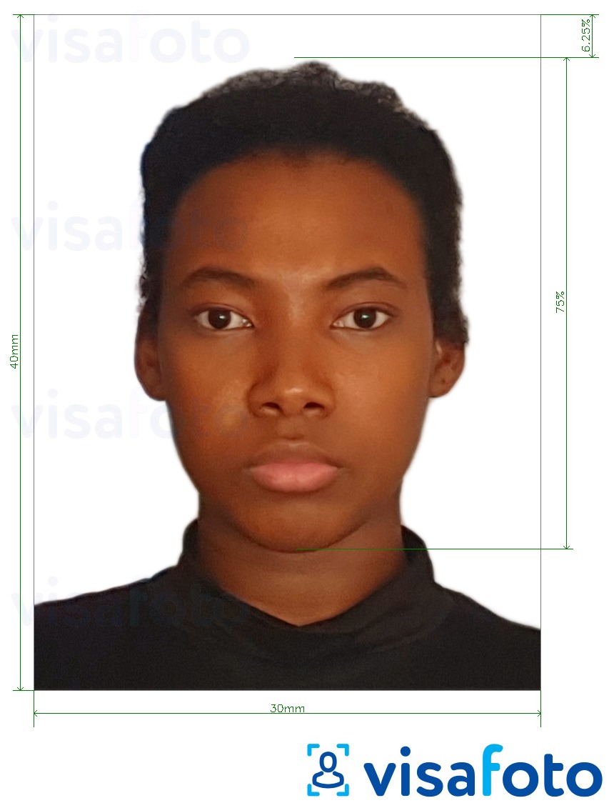 Example of photo for Botswana visa 3x4 cm (30x40 mm) with exact size specification