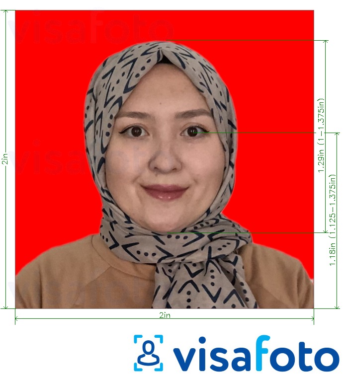 Example of photo for Indonesia passport 51x51 mm (2x2 inch) red background with exact size specification