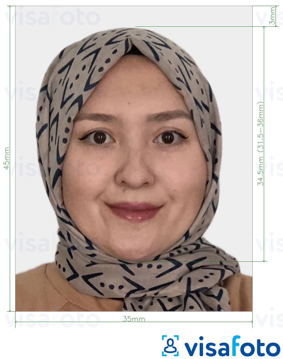 Example of photo for Kazakhstan Visa 35x45 mm (3.5x4.5 cm) with exact size specification