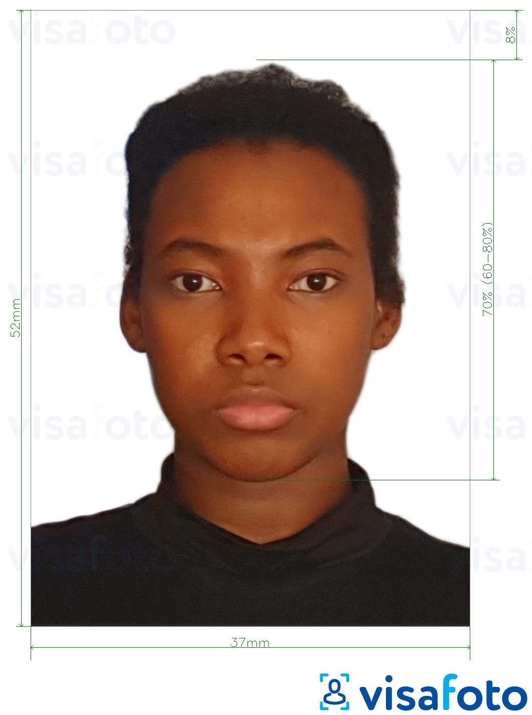Example of photo for Namibia passport 37x52mm (3.7x5.2 cm) with exact size specification