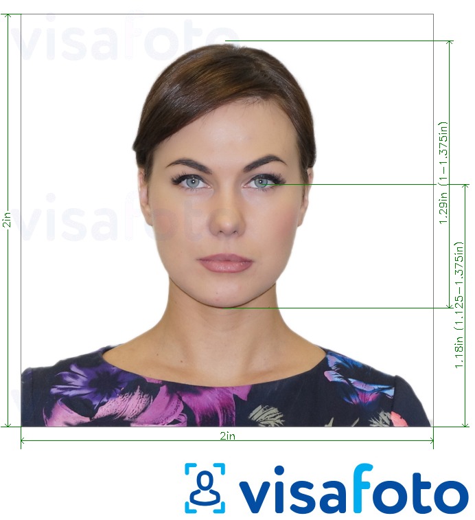 Example of photo for US Passport 2x2 inch (51х51 mm) with exact size specification